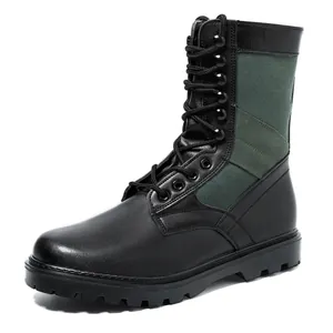Herren Leder-Tactical-Boots mit grünem Canvas-Besatz und dicker Gummisohle im Outdoor-Stil