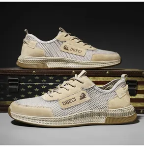 Detail view of khaki leather mesh sneakers with anti-slip rubber soles on vintage box