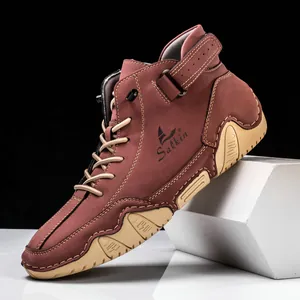 Herren High-Top Freizeitstiefel aus rotbraunem Leder mit rutschfester Gummisohle