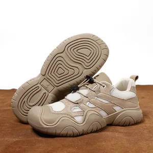 Outdoor-Wanderschuhe für Herren aus Leder in Khaki mit dicker Gummisohle und Mesh
