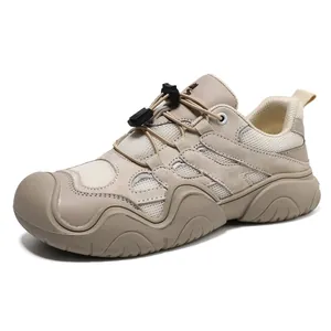 Khaki Wanderschuhe aus Leder mit Mesh-Einsätzen, Kordelzug und dicker Gummisohle