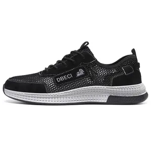 Detail of breathable mesh and matte leather upper on black men's outdoor casual sneakers