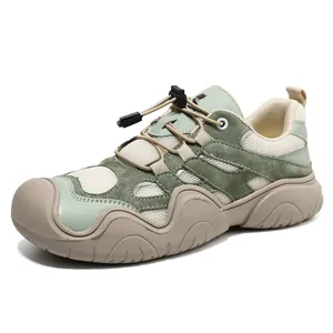Outdoor-Freizeitschuhe in Salbeigrün und Creme aus echtem Leder mit atmungsaktivem Mesh