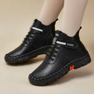 Black high-top leather boots for children with white magic tape and non-slip thick sole