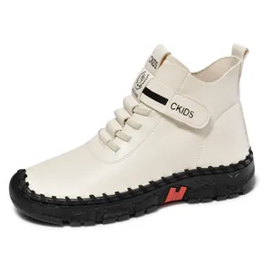 Beige women's high-top Martin boots with leather texture and durable rubber soles
