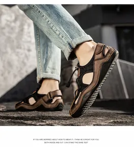 Detail of men's brown leather beach sandals with elastic drawstring and non-slip sole