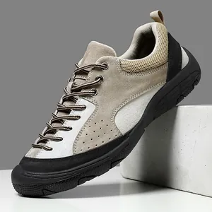 Mens suede hiking shoes in beige with breathable mesh and rugged outdoor traction sole