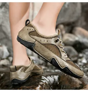 Outdoor view of leather mesh casual sneakers with non-slip rubber sole and breathable design