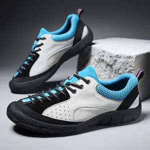Men's suede hiking shoes with breathable mesh and anti-slip rubber sole in blue and black