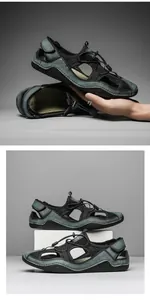Detail of men's outdoor sandals featuring breathable mesh and adjustable heel straps