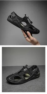 Detail of men's black outdoor sandals featuring breathable mesh and elastic drawstring laces