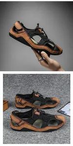 Macro detail of men's leather and mesh hiking sandals with durable non-slip rubber soles