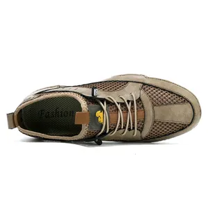 Top view of men's breathable leather mesh sneakers in khaki with lace-up closure
