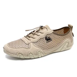 Casual herenschoenen van mesh en leer in beige met handig snelvetersysteem voor buiten