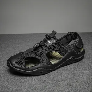 Men's breathable black leather mesh sandals with anti-slip rubber soles for summer beach