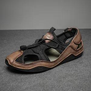 Men's brown leather breathable mesh closed-toe outdoor sandals with elastic cords
