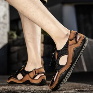 Men's outdoor leather beach sandals with non-slip rubber soles and breathable mesh