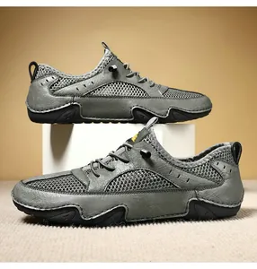 Deep gray leather breathable mesh shoes featuring quick lace system and anti-slip sole