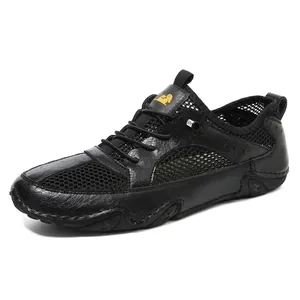 Men's breathable black leather mesh sneakers with sporty octopus-style rubber sole