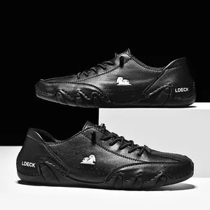 LDECK zwarte casual leren herenschoenen met vetersluiting en antislip rubberen zool