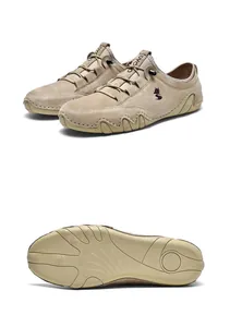 Macro detail of khaki suede upper and non-slip rubber octopus outsole for men shoes