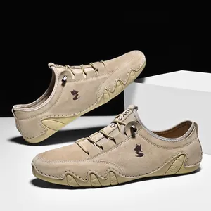 Men's Top Layer Pigskin Casual Leather Shoes Low Top Breathable Slip On Loafers With Elastic Band Rubber Sole Outdoor Walking Shoes