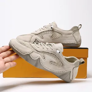 Beige breathable outdoor sports shoes with leather mesh upper and durable rubber sole