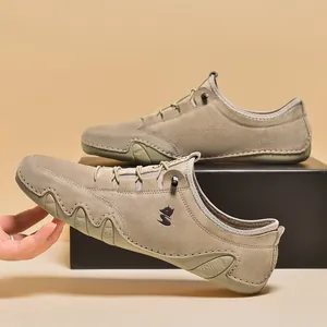 Men's khaki genuine leather casual loafers with elastic drawstrings and rubber soles