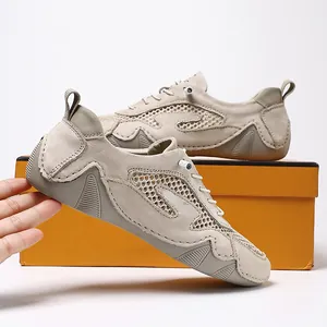 Breathable mesh outdoor sneakers for men in beige with anti-slip rubber wavy soles