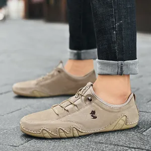 Men's khaki suede casual loafers with hand-stitched details and durable rubber sole