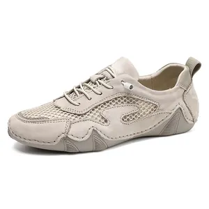 Men's outdoor breathable mesh sneakers in beige with non-slip rubber soles for summer