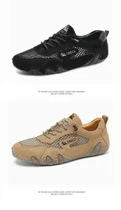 Detailoverzicht van kaki en zwarte ademende mesh outdoorsneakers met antislip rubberen zolen