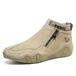 Bottes martin en cuir kaki pour hommes avec zip latéral et semelle en caoutchouc