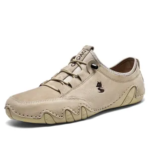 Men's khaki suede casual loafers with elastic laces and non-slip rubber pebble sole