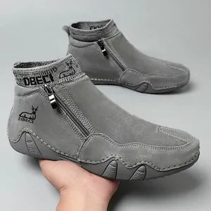 Bottes rétro pour hommes en cuir gris avec col en maille et fermeture éclair latérale