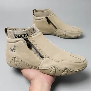 Bottes décontractées montantes en daim kaki pour hommes avec col en maille et zip