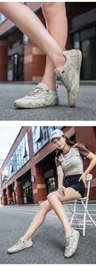 Detailed close-up and lifestyle view of breathable beige mesh sneakers with suede panels