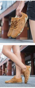 Detail of tan outdoor mesh sneakers featuring breathable fabric and durable rubber soles