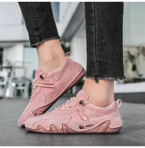 Pink leather outdoor casual shoe with wave-edge rubber sole and brand logo detail