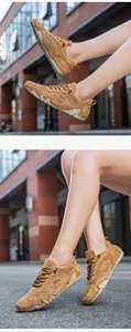 Close-up of camel breathable mesh hiking shoes with durable rubber anti-slip soles