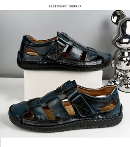 Detail view of leather men's sandals featuring breathable cut-outs and rubber sole