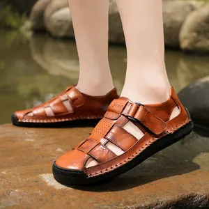 Men's outdoor brown leather beach sandals with stitched details and rubber soles