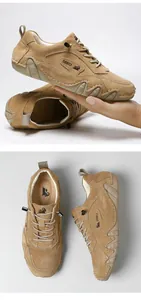 Macro detail of khaki suede leather texture and anti-slip rubber sole of casual shoes