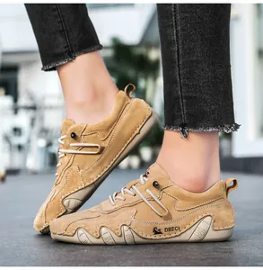 Outdoor khaki suede casual shoe with wave-shaped rubber protective sole and drawstring