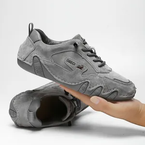 Men's grey suede outdoor driving shoes with anti-slip rubber soles and lace-up design