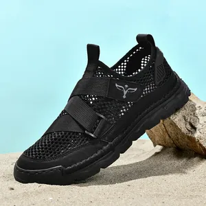 Men's breathable black mesh outdoor beach sandals with durable non-slip rubber soles