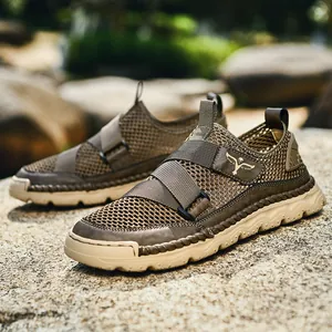 Men's breathable mesh sandals in dark brown and beige with thick rubber soles
