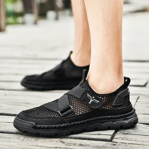 Men's black mesh summer sandals with breathable knit upper and non-slip rubber soles