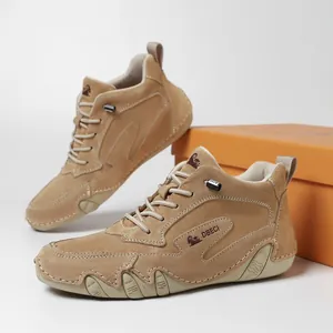 Men's khaki high-top suede leather casual boots with non-slip rubber soles and laces