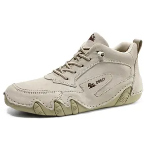 High-top khaki genuine leather ankle boots with durable rubber sole for casual outdoor wear